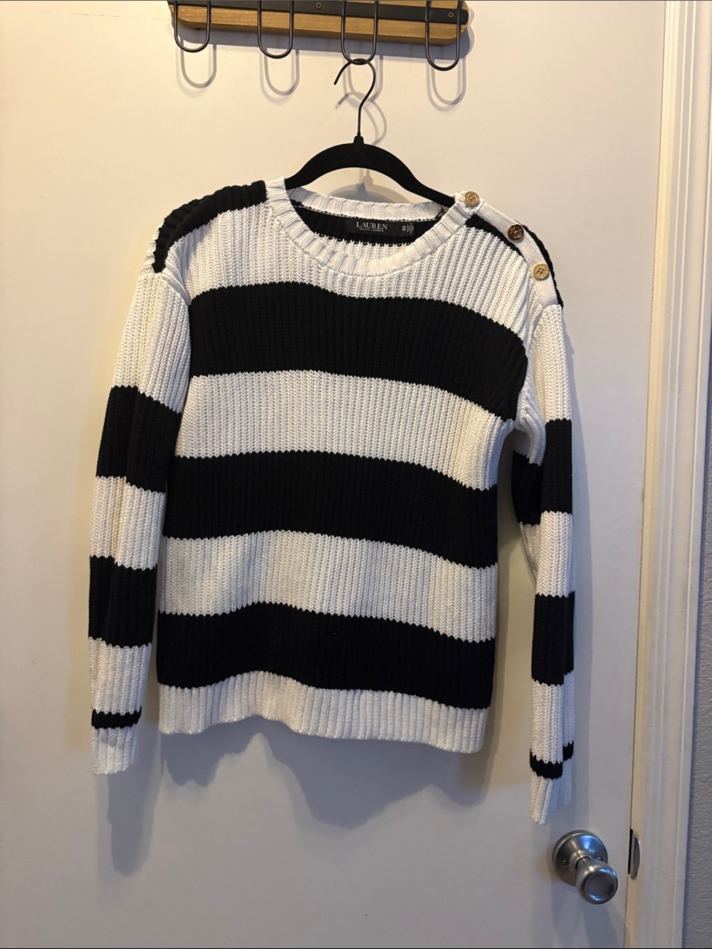 Lauren Ralph Lauren Striped Cotton Sweater Gold Buttons Nautical Breton Size XS